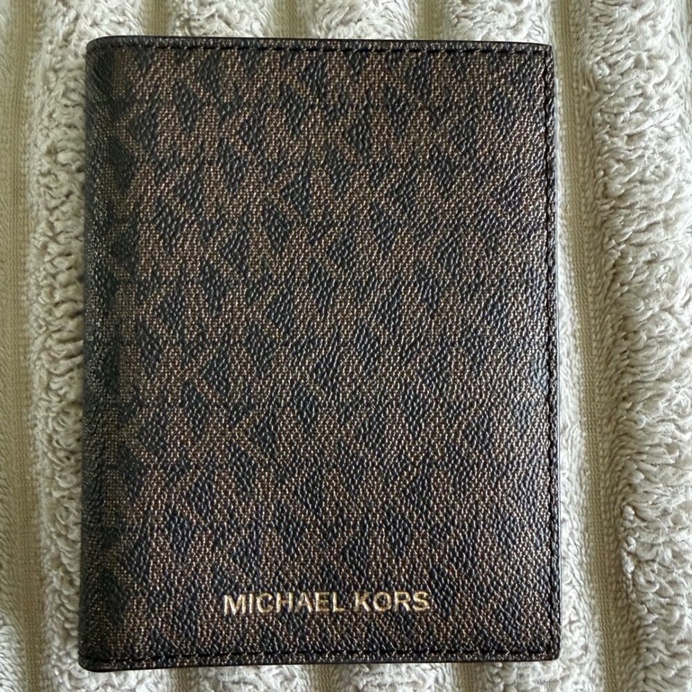 Michael Kors Brown Signature Logo Passport Holder Bifold Wallet Card Case